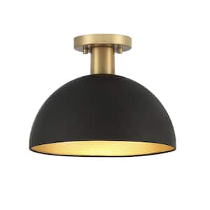 12 in. W x 9 in. H 1-Light Natural Brass Semi-Flush Mount Ceiling Light with Matte Black Metal Shade