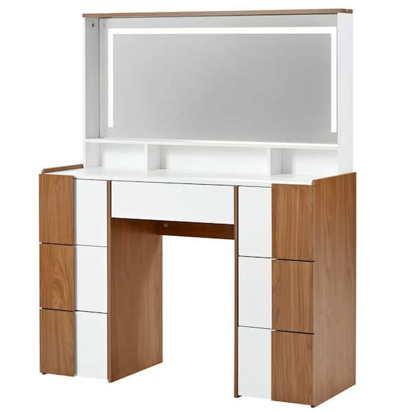 7-Drawers White/Brown Wooden Makeup Vanity Table with Large Lighted Mirror, Power Outlet, Shelves