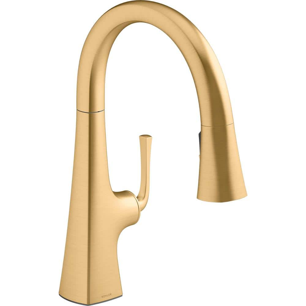 Kohler Graze Single Handle Pull Down Sprayer Kitchen Faucet In Vibrant Brushed Moderne Brass