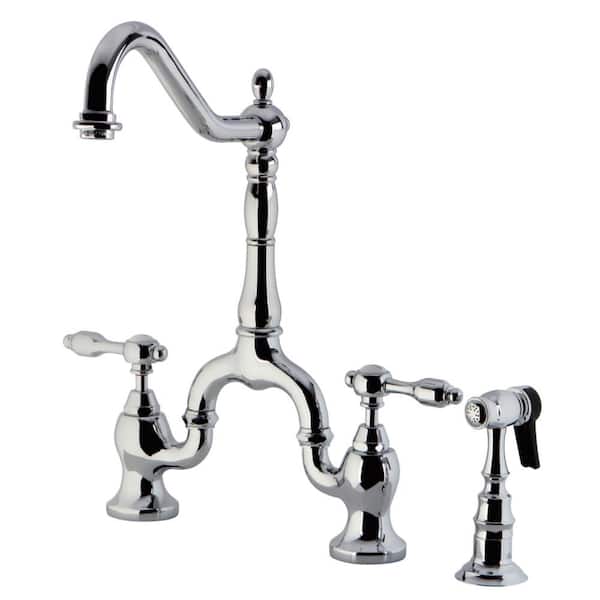 Kingston Brass Tudor 2-Handle Bridge Kitchen Faucet with Side Sprayer in Polished Chrome