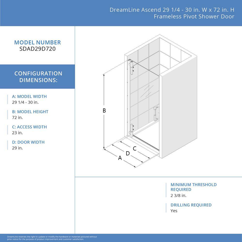 Ascend 30" Frameless Pivot Shower Door in Brushed Nickel