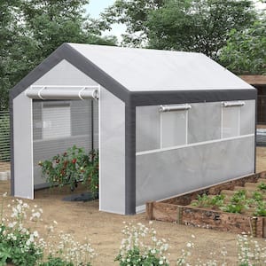 12 ft. x 7 ft. x 7 ft. Walk in DIY Greenhouse, Outdoor Garden Warm Hot House with 4 Windows, 2 Zippered Doors, White