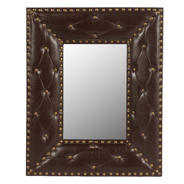 Unbranded 26 in. H x 21 in. W Modern Rectangle Faux Leather Covered MDF Framed Brown Rivet Decoration Mirror
