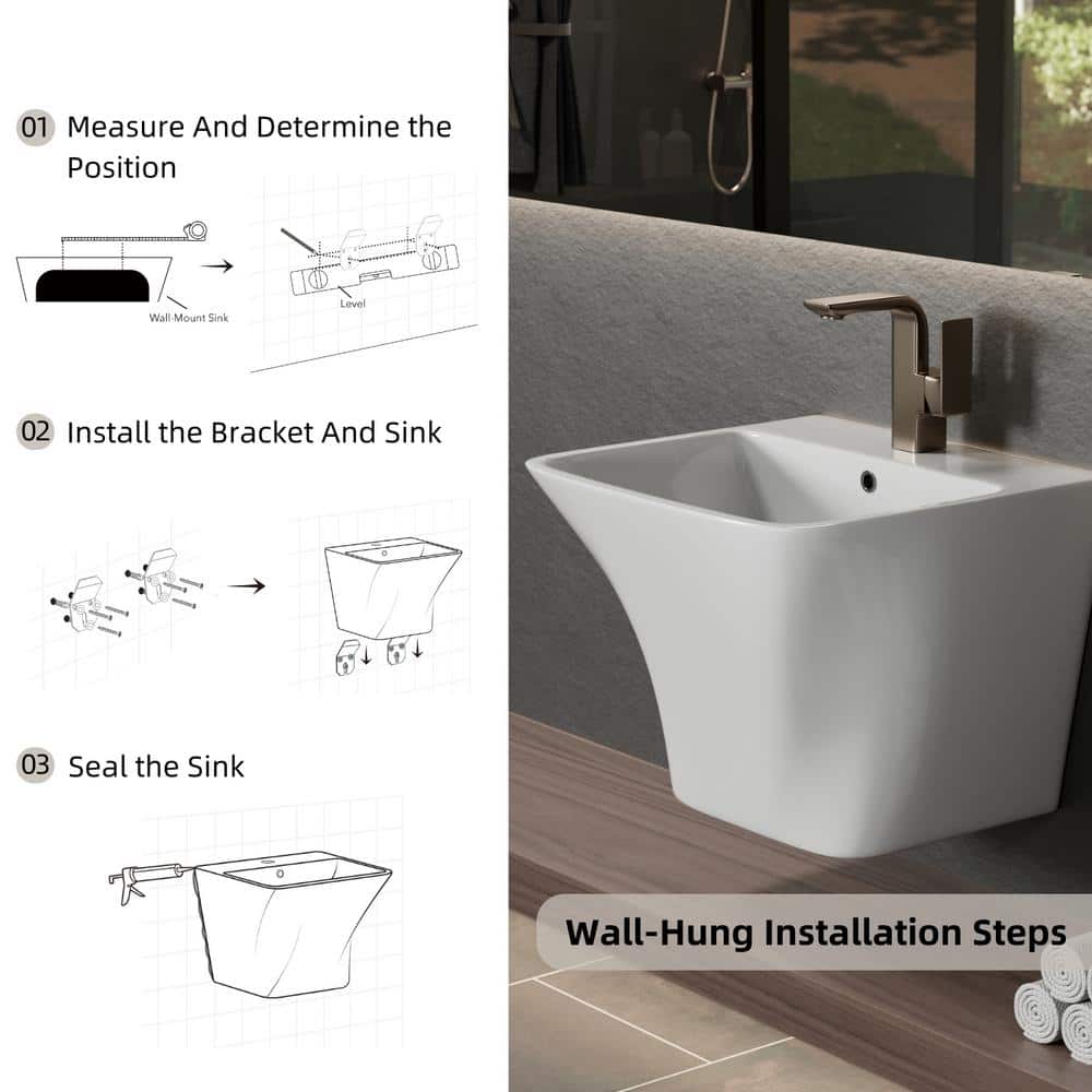 Glossy White Ceramic Wall-Mount Rectangular Vessel Sink with Stainless Steel Drain
