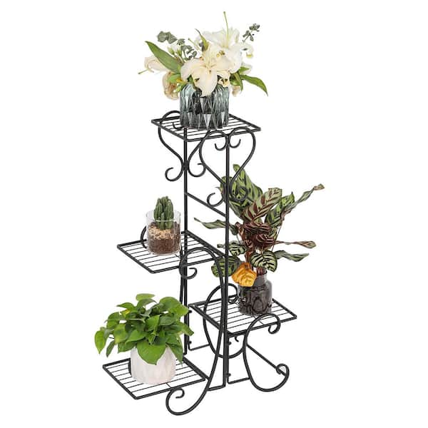 Cisvio 4 Potted Square Flower Metal Shelves Plant Pot Stand Decoration for Indoor Outdoor Garden Black