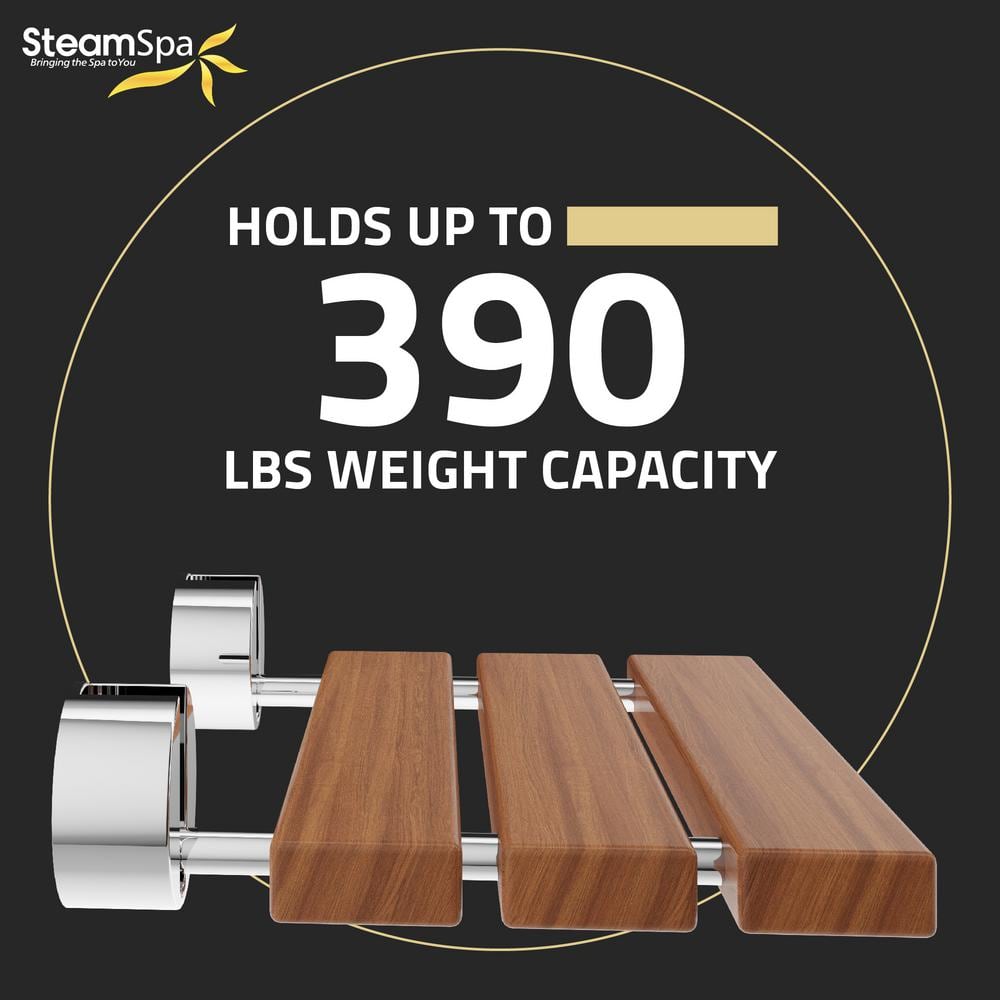 Natural Teak Wood Wall Mounted Folding Shower Bench with Polished Chrome Finish