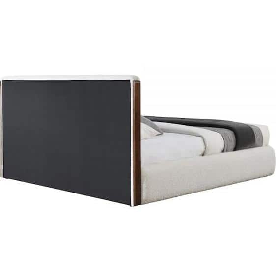 Sandro King White Boucle Upholstered Bed with Walnut Frame