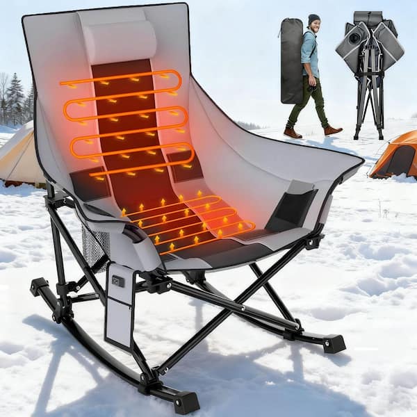 SEEUTEK Outdoor Patio Oversized Foldable Heated Rocking Camping Grey Black Chair with Metal Frame