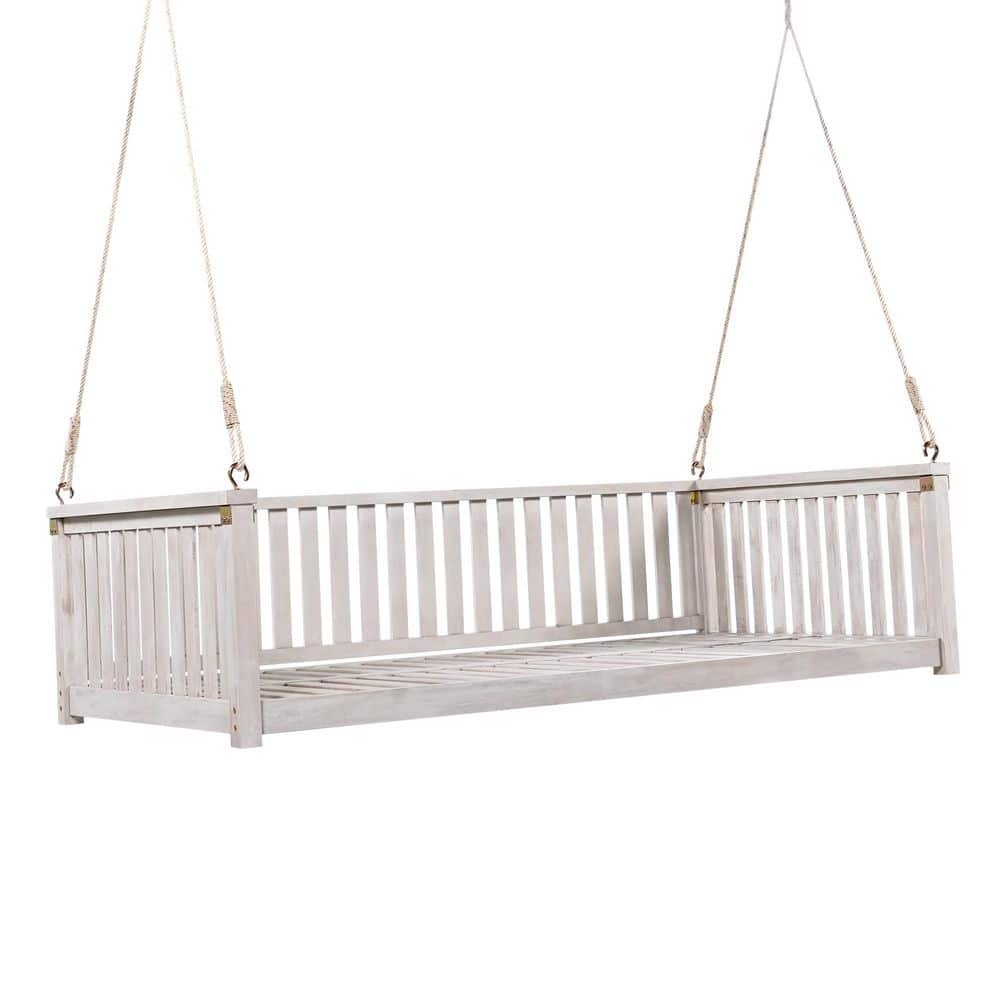 2-Person White Acacia Wood Porch Swing, Twin Size Garden Swing Bed with Saf