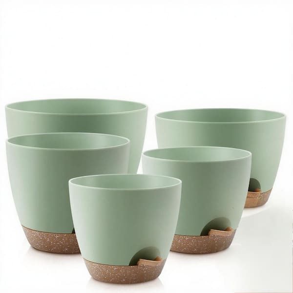 5-Piece 10 in. W x 8 in. H Green Plastic Self Watering Nursery Planting Pot for Indoor Outdoor Plants