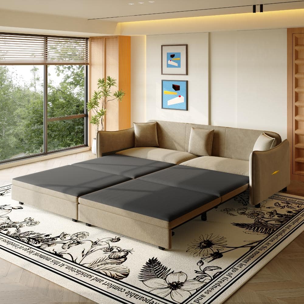 Camel 81.9 in. Velvet 3-in-1 Convertible Pull Out Sofa Bed with 3 Pillows and Golden Accent Detail Design