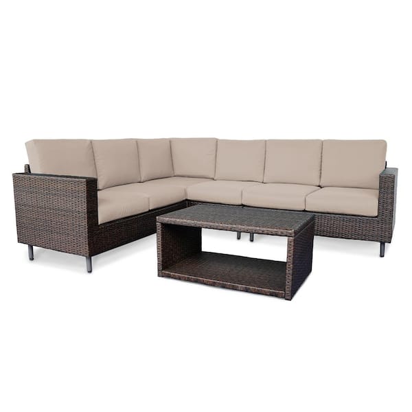 Leisure Made Draper 5-Piece Wicker Outdoor Sectional with Tan Cushions