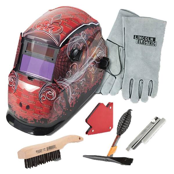 Lincoln Electric Auto-Darkening Welding Helmet Kit with Shade Len No. 7-13, Gloves, Wire Brush, Magnet, Chipping Hammer and Soap Stone