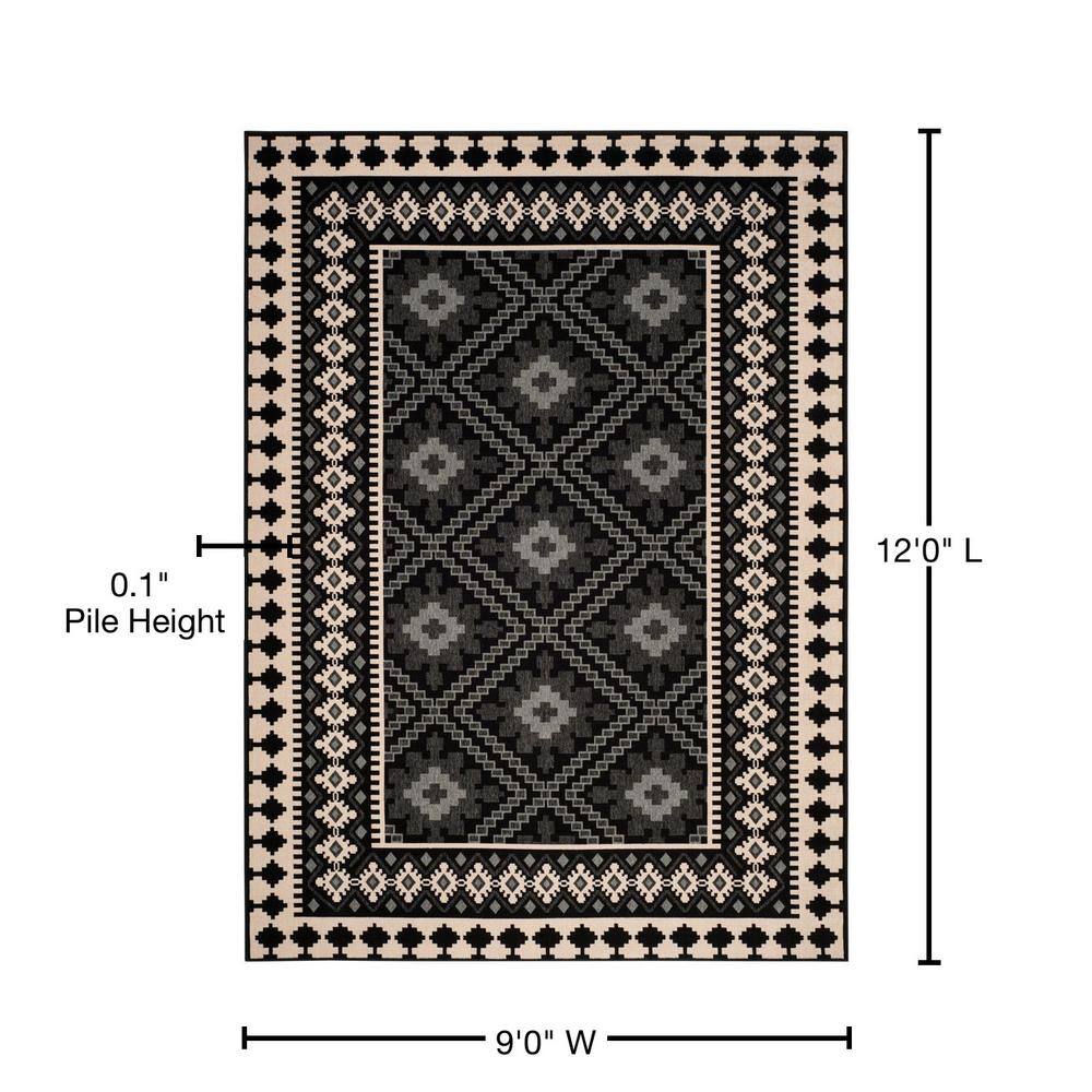 Veranda Black and Cream Synthetic 9' x 12' Easy-Care Outdoor Rug