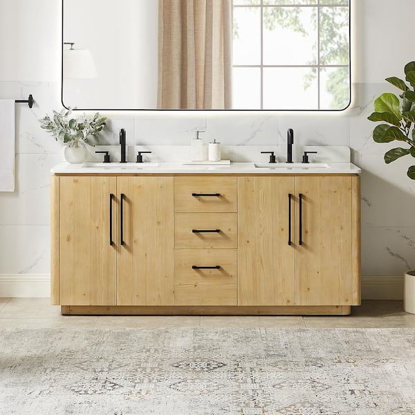 Serene 72 in. Double Freestanding Nature Brown Bath Vanity with Grain White Engineered Stone Top Assembled