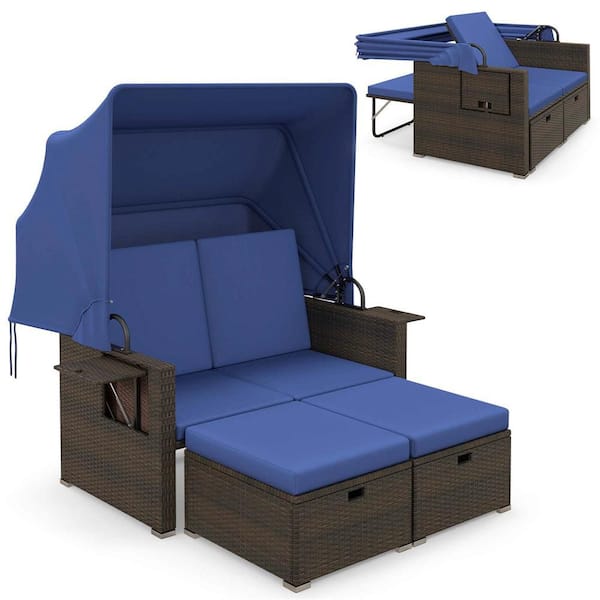 Wicker Outdoor Day Bed with Retractable Canopy and Adjustable Backrests Blue Cushions