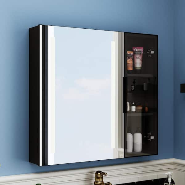 FUFU&GAGA 29.6 in. W x 27.6 in. H Rectangular Surface Mount Bathroom Medicine Cabinet with Mirror, Glass Doors, Anti-fog, Lights