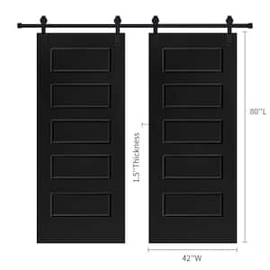 Double Modern 5-Panel 42 in. x 80 in. MDF Black Barn Sliding Door With Hardware kit