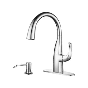Single Handle Pull Down Sprayer Kitchen Faucet with Vintage Gooseneck and Soap Dispenser in Polished Chrome