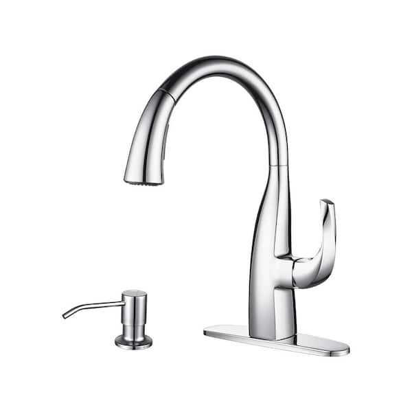 IVIGA Single Handle Pull Down Sprayer Kitchen Faucet with Vintage Gooseneck and Soap Dispenser in Polished Chrome