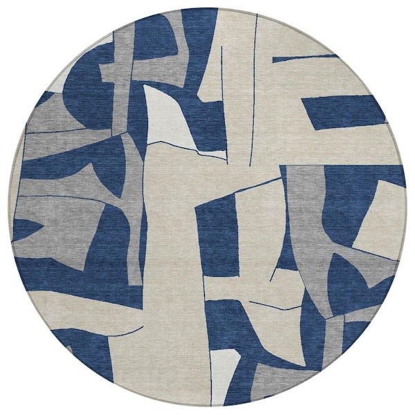 Chantille Machine Washable Indoor/Outdoor Abstract ACN2605 Navy 8 ft. x 8 ft. Round Rug