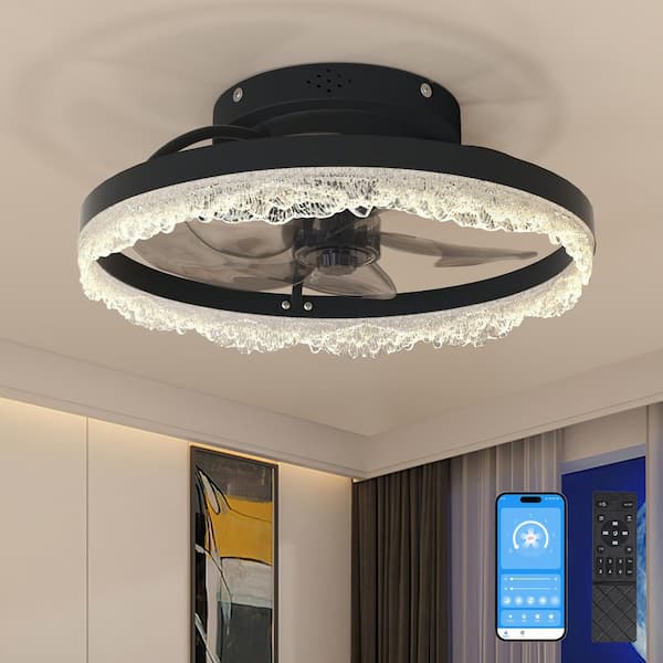 Virella 16 in. LED Indoor Black Crystal Bladeless Low Profile Ceiling Fan Flush Mount Smart App Remote Control, Dimmable