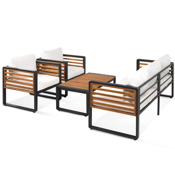 Brown 4-Piece Wood Outdoor Conversation Set with Removable Beige Cushions and a Coffee Table for Patios