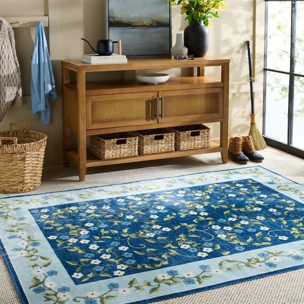 Martha Stewart Washable Dark Blue/Light Blue 4 ft. x 6 ft. Machine Washable Floral Border Abstract Area Rug