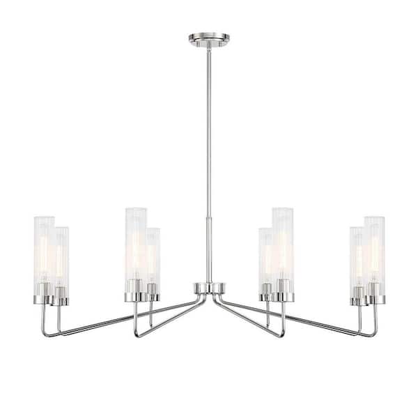 Baker 44 in. W x 14 in. H 8-Light Polished Nickel Contemporary Chandelier with Clear Ribbed Glass Shades