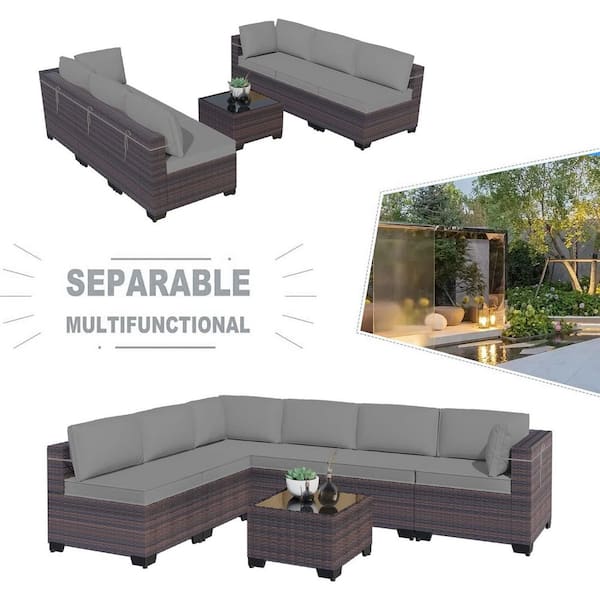 7-Piece Wicker Outdoor Sectional Set with Cushion Grey