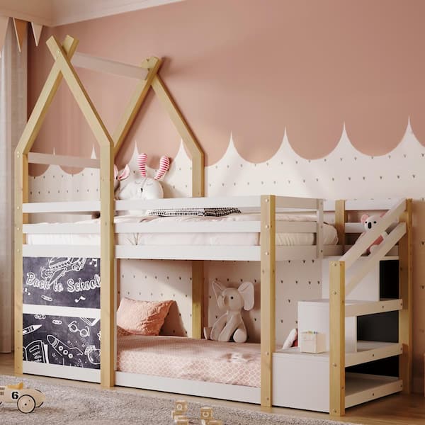 Harper & Bright Designs White and Natural Twin over Twin Wood House Bunk Bed with Storage Staircase and 2 Blackboards