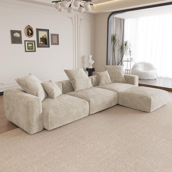 Unbranded 141.7 in. Modular 4-Piece L-Shaped Corduroy Living Room Sectional Sofa Couch with Deep Seats and Ottoman in Beige