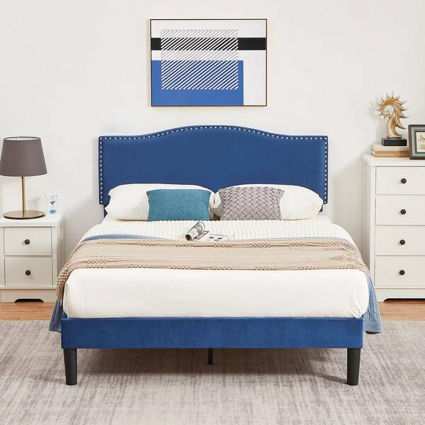 VECELO Bed Frame Blue Metal Frame Full Platform Bed with Upholstered ...