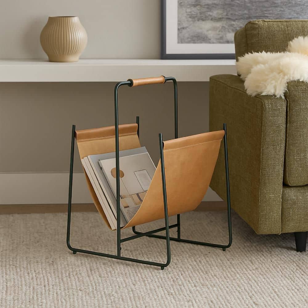 Benjara Faron Brown and Black 13 in. x 21.5 in. Leather and Metal