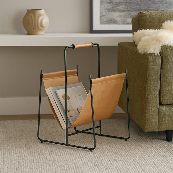 Faron Brown and Black 13 in. x 21.5 in. Leather and Metal Freestanding Magazine File Rack with Handles