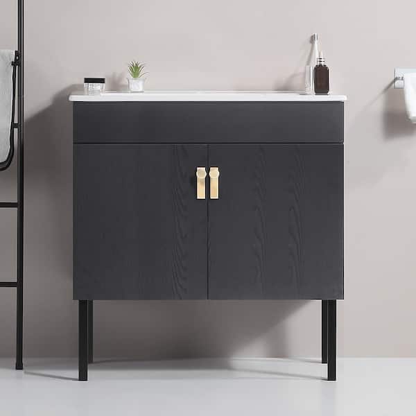 grossag 30 in. W x 18 in. D x 31.8 in. H Single Sink Freestanding/Floating Bath Vanity in Black with White Ceramic Top