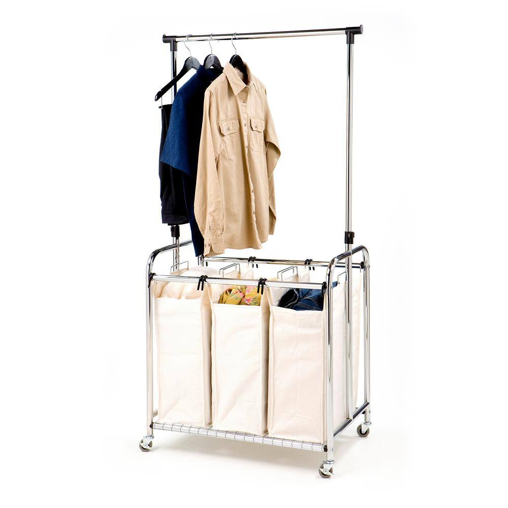 Details about   Laundry Cart 3 Bag Sorter Hamper Rolling Wheels Storage Clothes Organizer Bar 