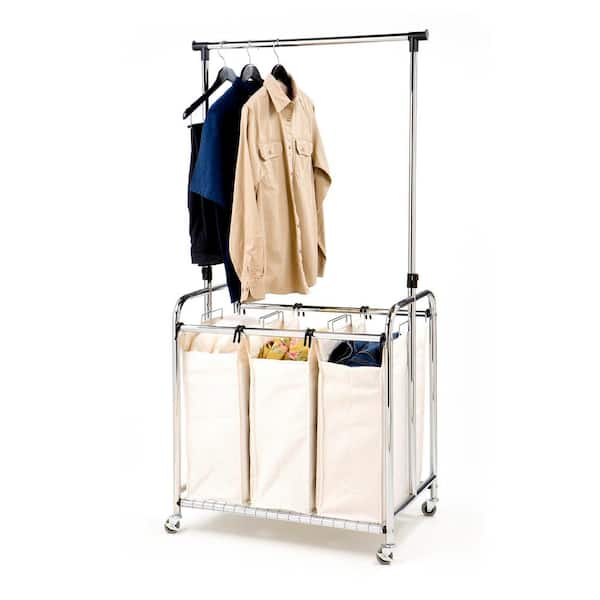 Seville Classics 3-Bag Heavy-Duty Laundry Hamper Sorter Cart with Clothes Rack