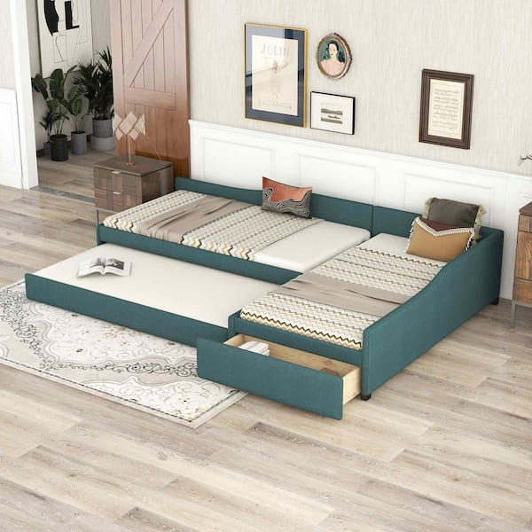 Green Wood Frame Twin Upholstered Platform Bed with Trundle and Drawer
