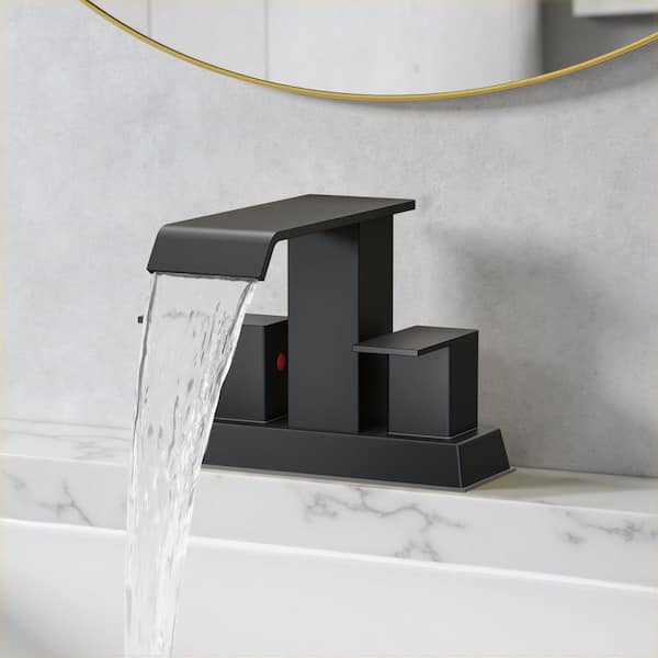 4 in. Centerset Double Handle Low Arc Bathroom Faucet with Drain Kit Included in Black-2