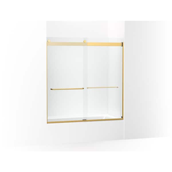 KOHLER Levity 56-60 in. W x 62 in. H Sliding Frameless Tub Door in Vibrant Brushed Moderne Brass with Clear Glass