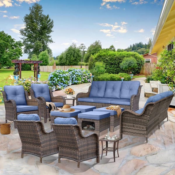 DWIOM Brown 12-Piece Wicker Patio Furniture Set Outdoor Rattan Sofa Armchairs Ottoman and Side Table with Denim Blue Cushion