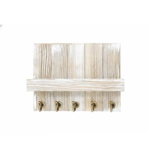 10 in. W x 3.54 in. D Natural Wood Decorative Wall Shelf Mail Organizer Wall Mount with 5 Key Hooks