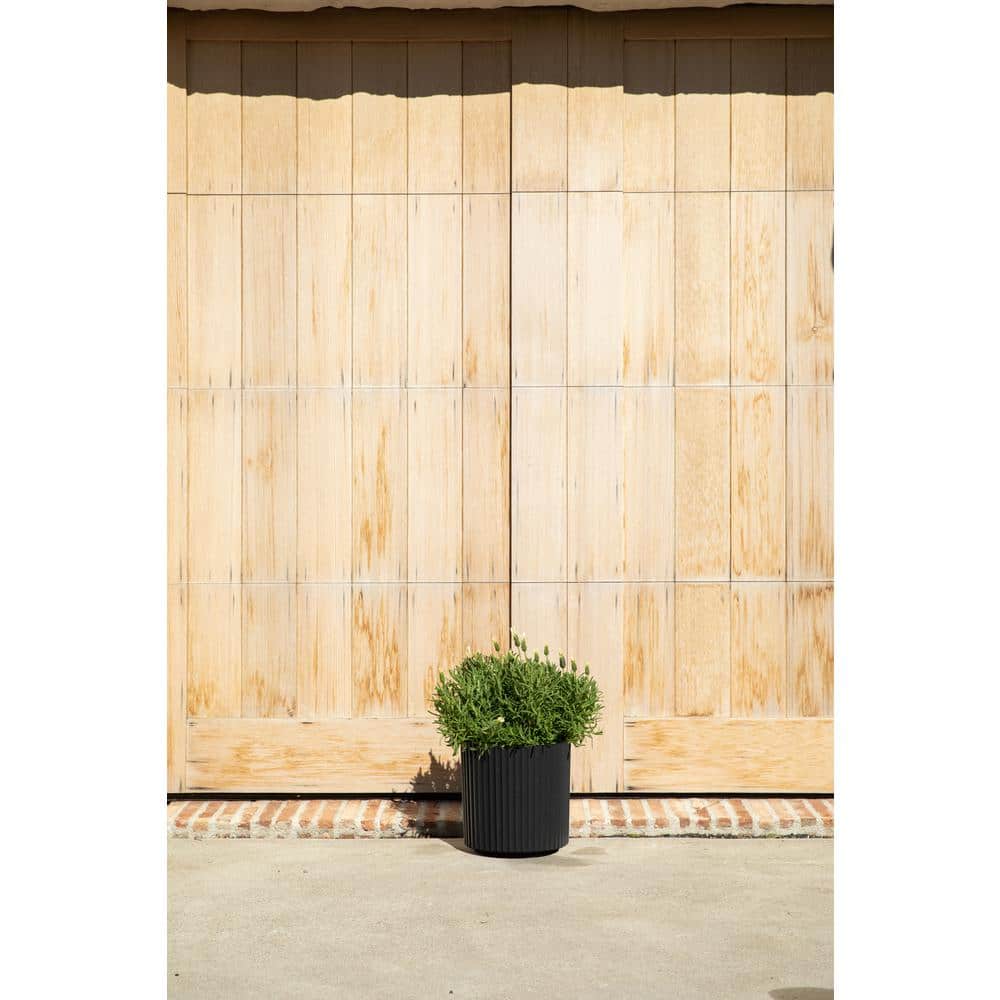 Black Fluted Plastic-Stone Round Planter Set