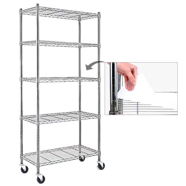 Chrome 5-Tier Rolling Heavy Duty Metal Wire Storage Shelving Unit Caster 1 in. Pole (30 in. W x 63.7 in. H x 14 in. D)