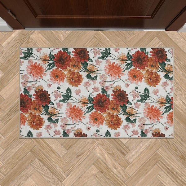 Laura Ashley Dahlias Floral Chenille Red Ivory 2 ft. x 4 ft. Polyester Accent Rug