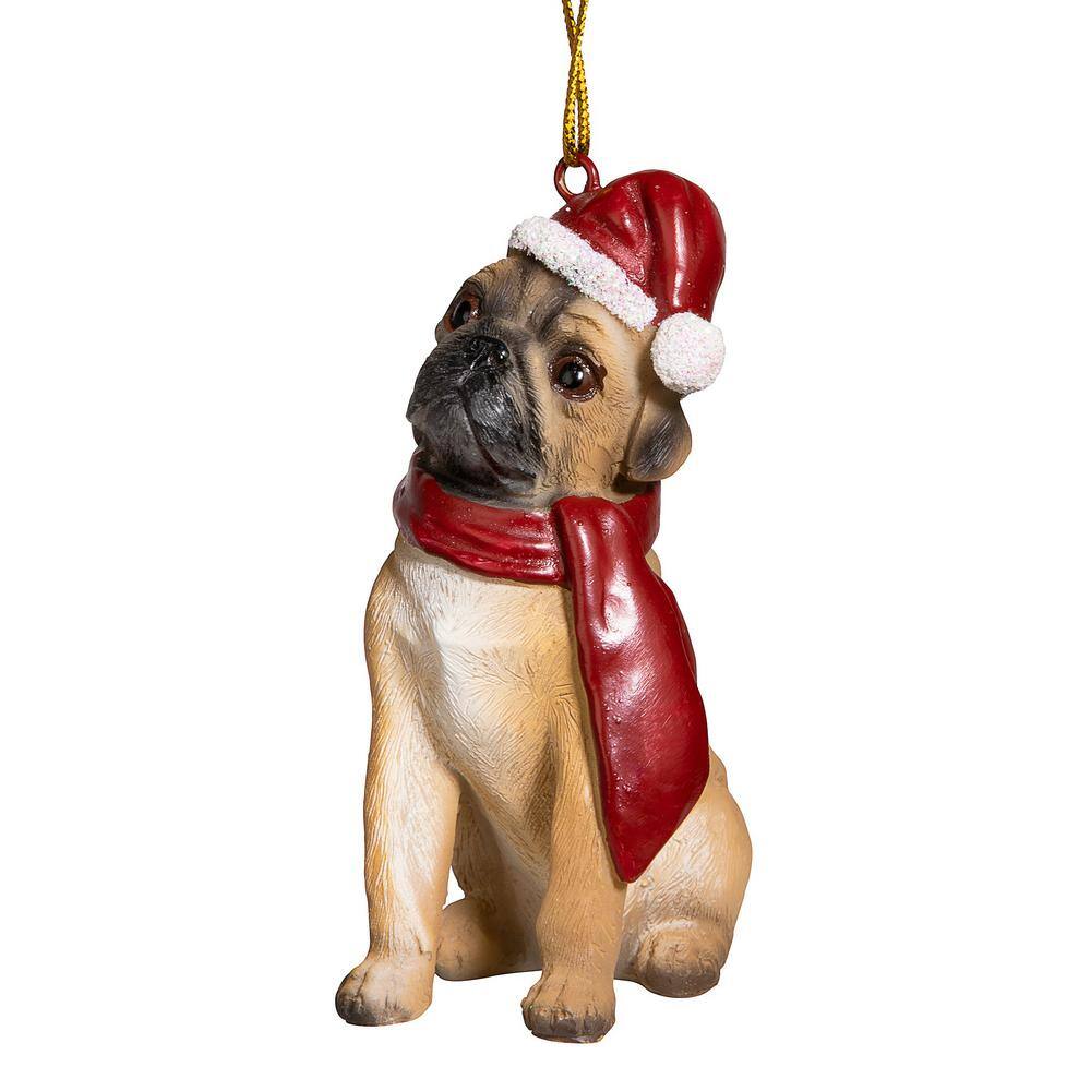 Festive Pug Dog Ornament with Santa Hat and Scarf