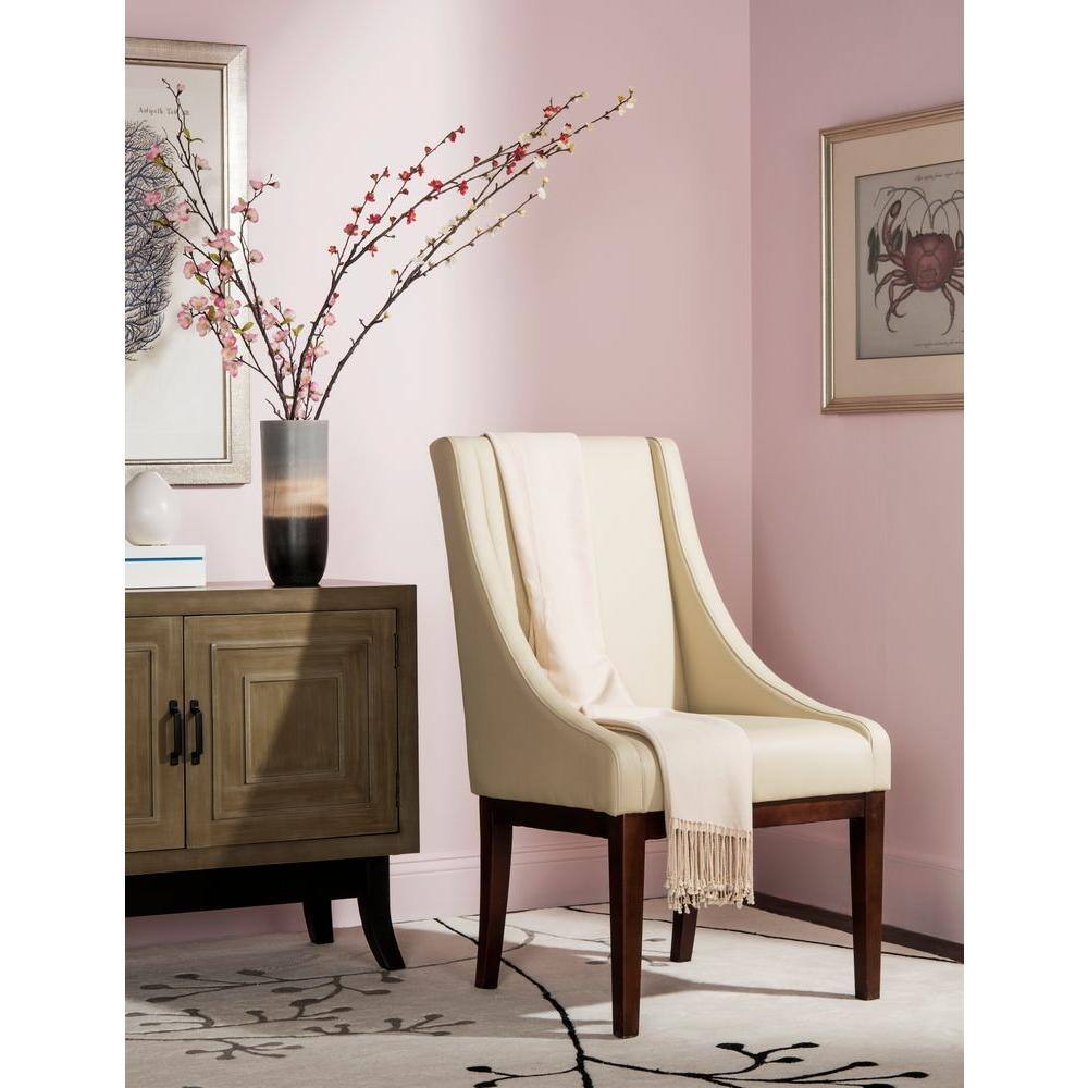 Cream Leather Swoop Arm Accent Chair with Wood Legs