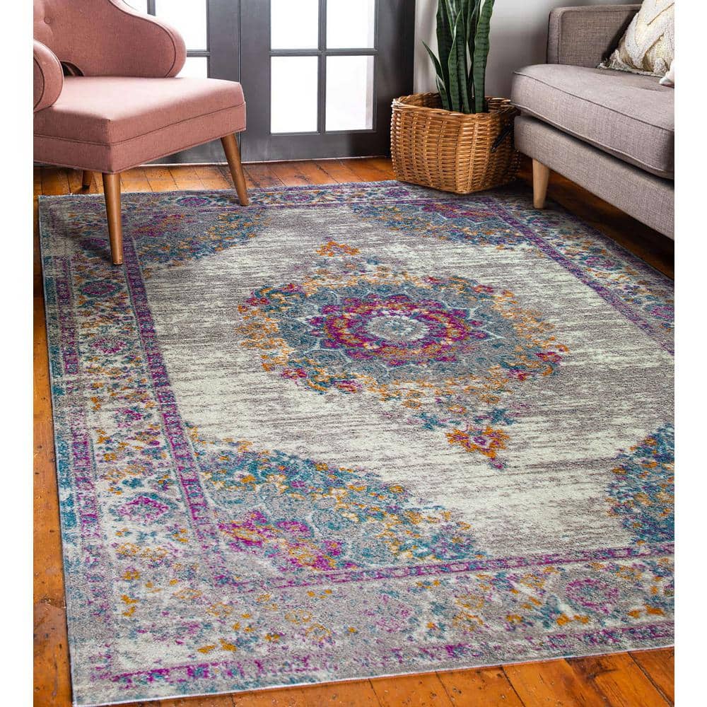 Ivory and Multicolor Medallion Synthetic 5x8 Area Rug