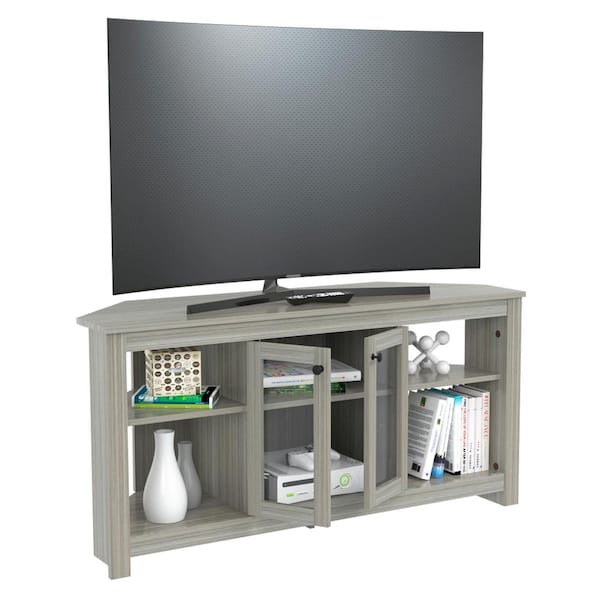 Inval 50 in. Smoked Oak Wood Corner TV Stand Fits TVs Up to 60 in. with Adjustable Shelves MTV 20019